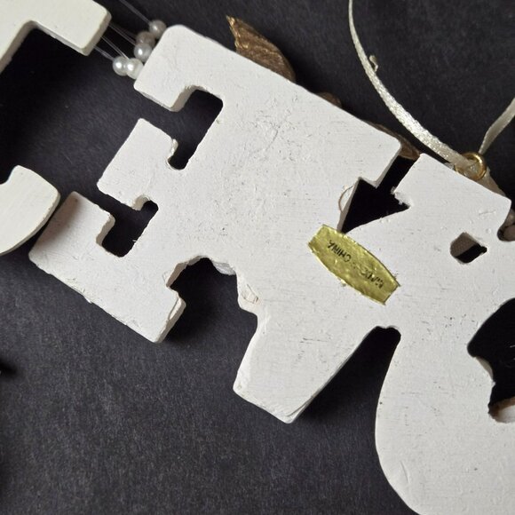 Vintage White Gold Christmas Word Ornaments Set Of 5 Love Joy Noel Doves Roses - Picture 11 of 12